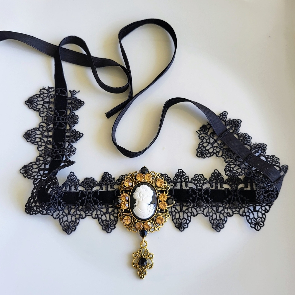 Gothic Victorian Cameo Lace Choker – Black Lace with Gold & Black Crystal